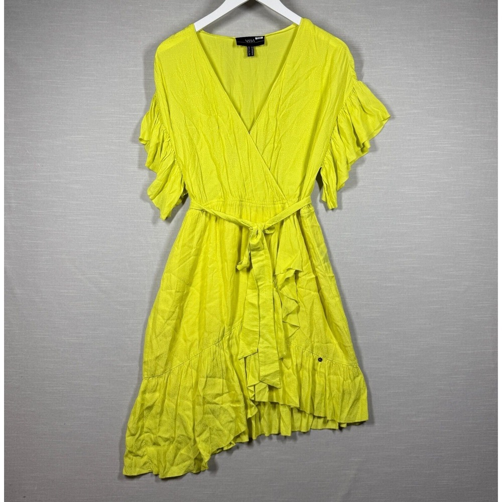 Nissa Dress Womens 10 Yellow Asymmetrical Ruffle Bright Ribbon Boho Lightweight